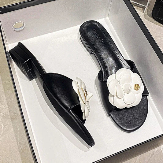 Luxury Women’s Flower Slippers — Camellia Open-Toe Slides for Home & Outdoor, Ladies Flip Flop Sandals