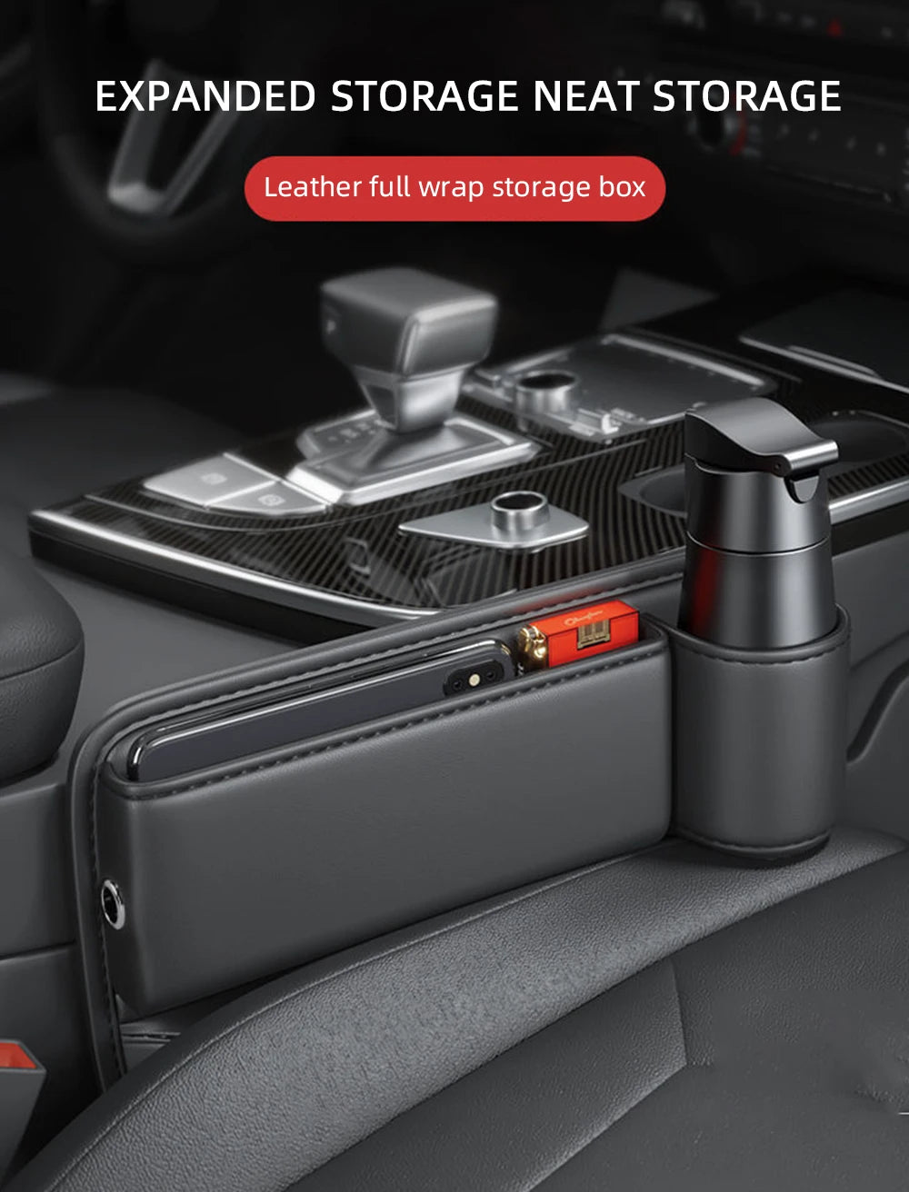Multifunctional Car Seat Gap Organizer – Leak-proof PU Leather Storage Box with Cup Holder