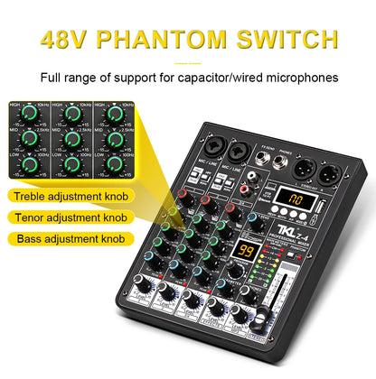 TKL 4-Channel DSP Audio Mixer with 48V Phantom Power, USB, Bluetooth DJ Console for Karaoke Studio Mixing