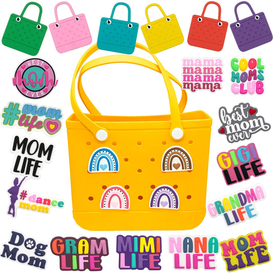 Women’s Colorful PVC Bag Charms – Mom Life & Dog Mom Tote Bag Accessories, Fashion Handbag Decorations & Keychain Pendants