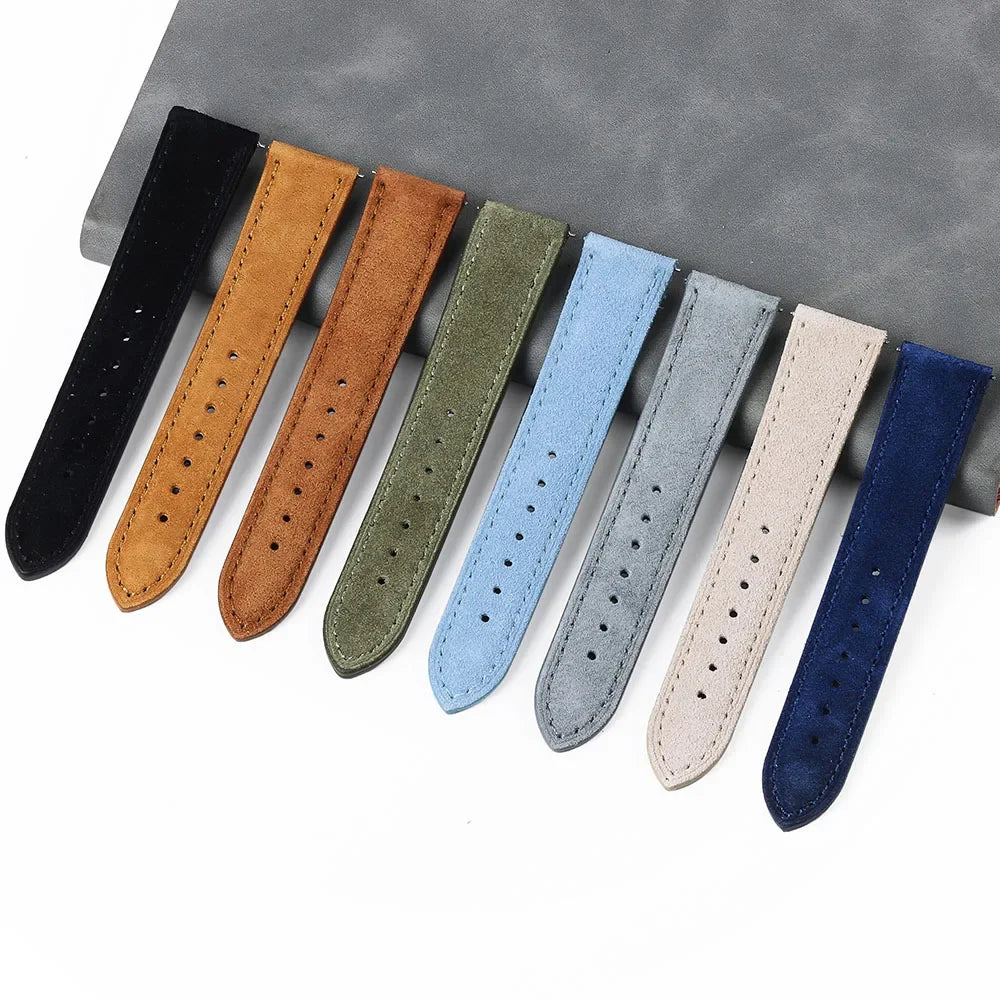 Suede Genuine Leather Watch Band - 18mm 19mm 20mm 22mm 24mm Vintage Handmade Stitching Strap For Seiko Huawei GT2 GT3 GT4