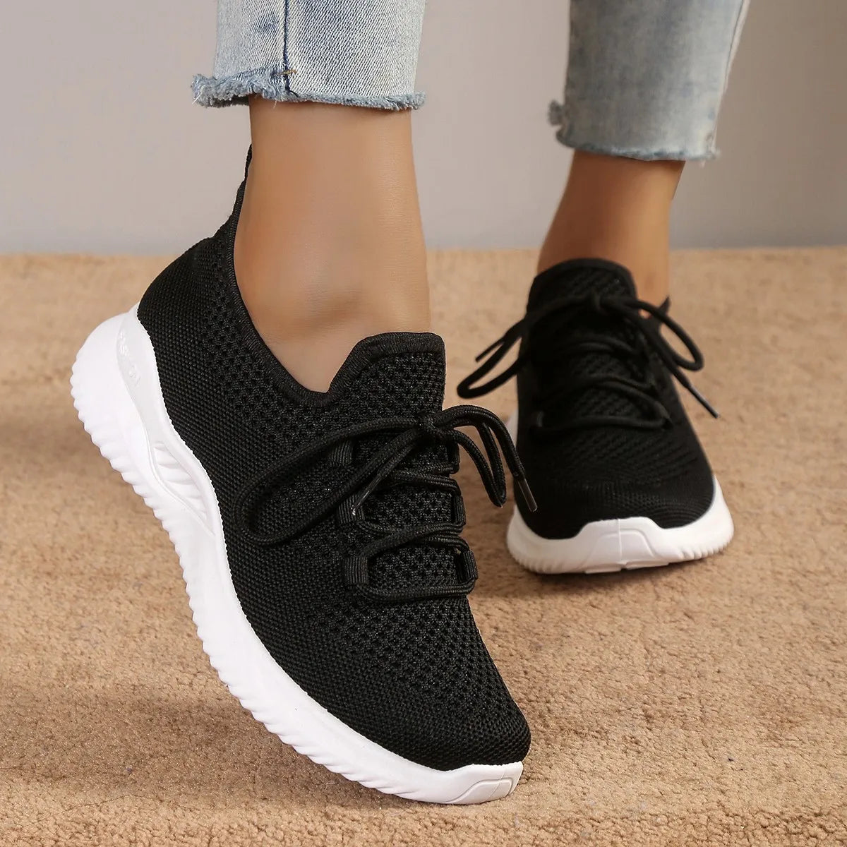 Women’s Fashion Lace-Up Mesh Sneakers – Breathable Outdoor Walking Shoes with Non-Slip Thick Sole, Round Toe, White Tennis Shoes