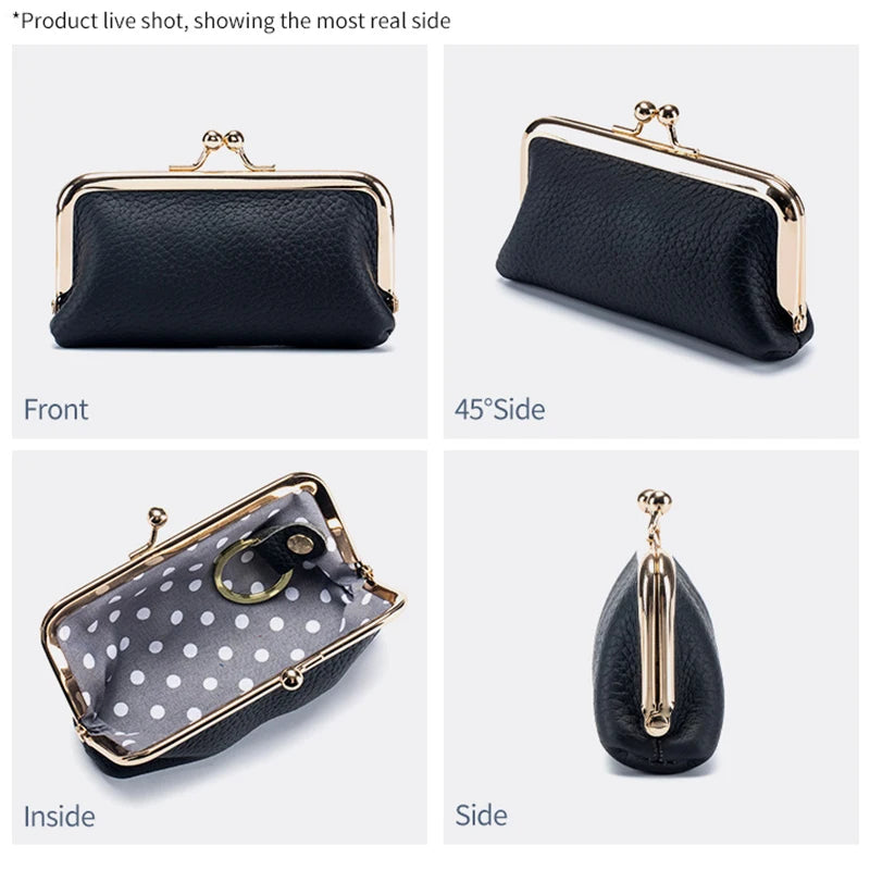 Genuine Leather Clip Wallet Bag – Cowhide Small Handbag for Coins, Car Keys, Lipstick & Earphone Storage, Women’s Pouch Case