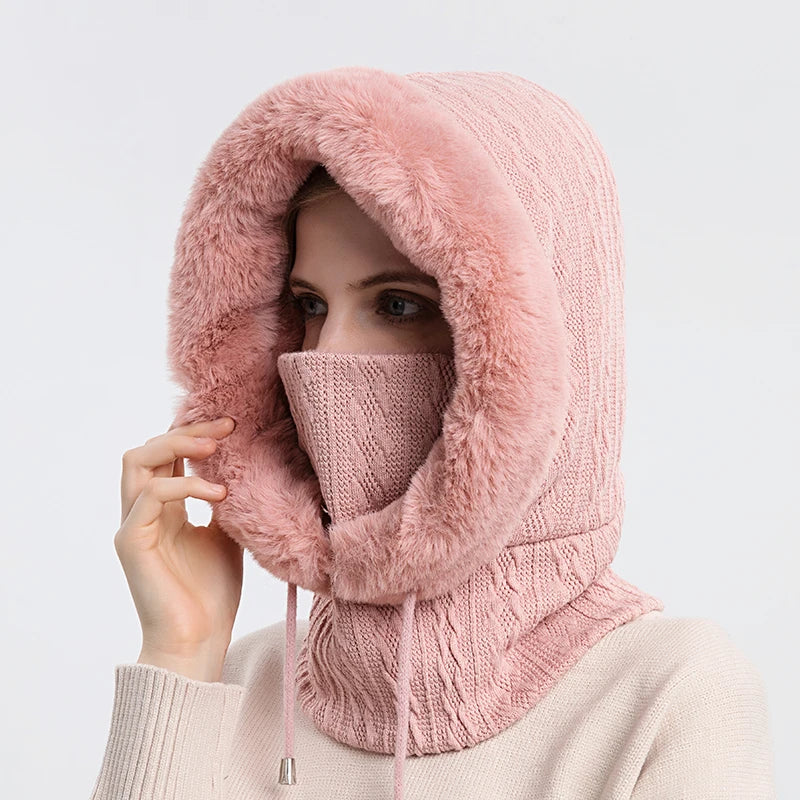 Winter Fur Cap Mask Set – Hooded Knitted Cashmere Neck Warmer, Plush Windproof Balaclava Ski Beanie for Women