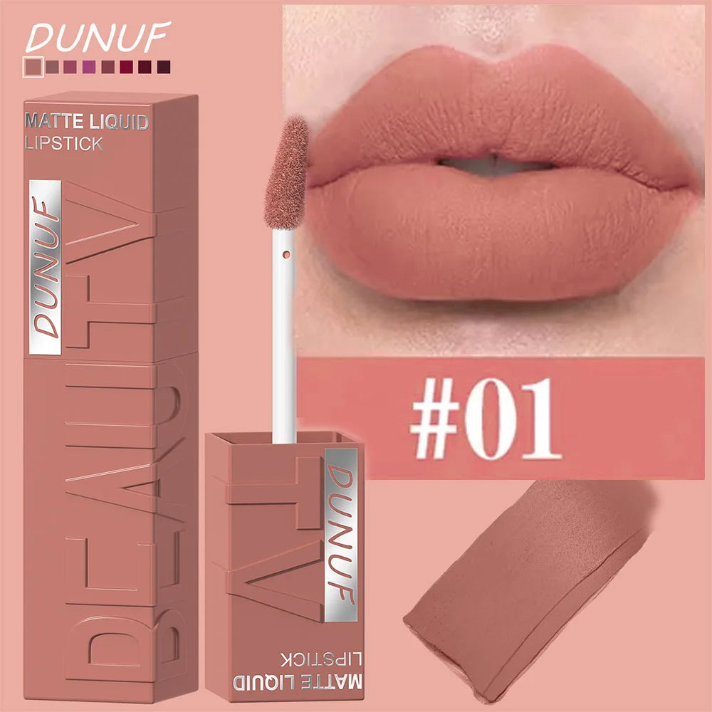 DUNUF Matte Velvet Lipstick - 8 Color Waterproof Plumping Square Tube Lip Gloss Makeup