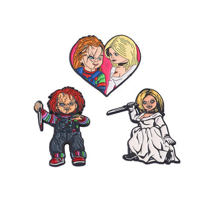 3-Piece Chucky & Tiffany Horror Enamel Pin Set - Metal Lapel Brooches for Backpacks, Cosplay Costumes & Halloween Gifts