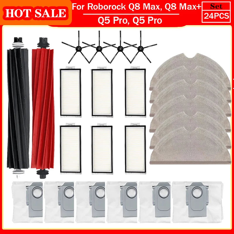 Roborock Q5 Pro & Q8 Max Replacement Parts – Main Brush, Side Brush, HEPA Filter, Mop & Dust Bag Accessories