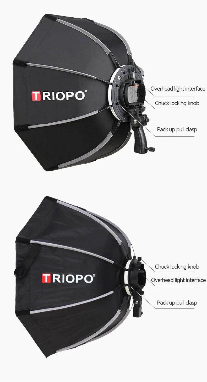 TRIOPO Foldable Octagon Softbox – 55cm, 65cm, 90cm, 120cm Bowens Mount for Sokani X100, COLBOR CL60, Godox & Aputure LED Video Lights