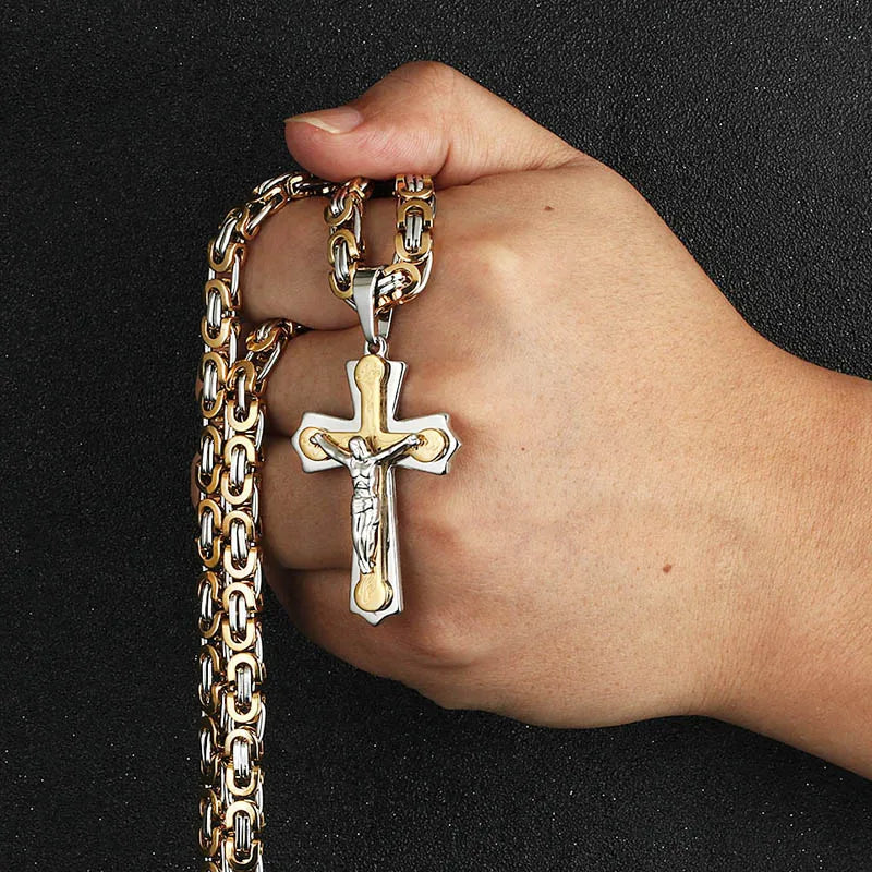 Diyalo Stainless Steel Jesus Cross Necklace for Men – Byzantine Chain Crucifix Pendant Religious Jewelry, Christian Fashion Gift Accessory