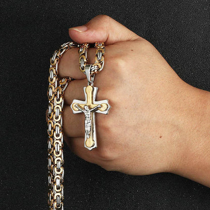 Diyalo Stainless Steel Jesus Cross Necklace for Men – Byzantine Chain Crucifix Pendant Religious Jewelry, Christian Fashion Gift Accessory