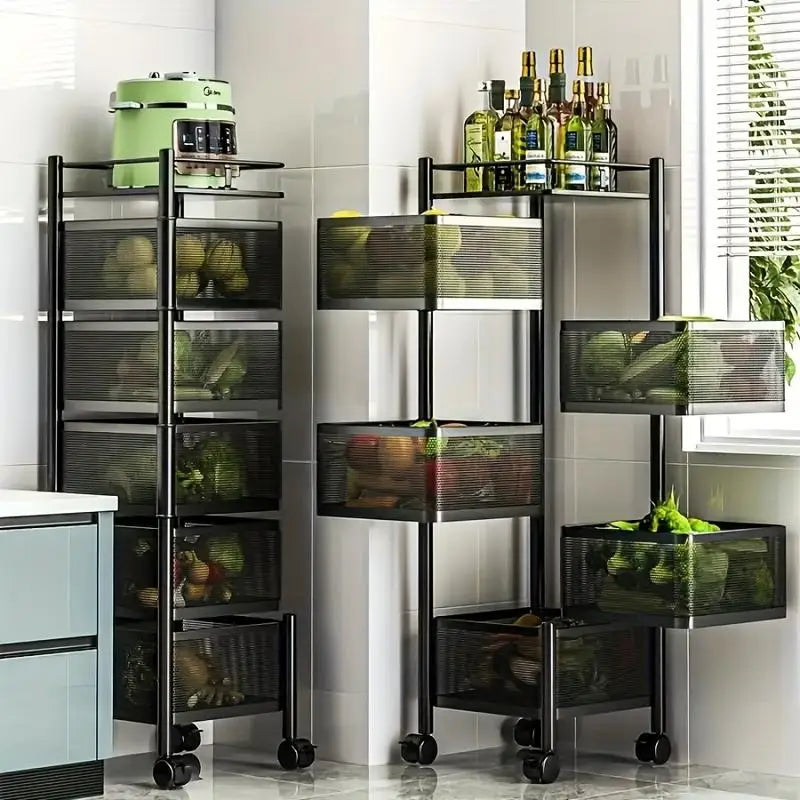 5 Tier Rotating Kitchen Storage Shelf - Metal Fruit & Vegetable Rack, Multi-Layer Trolley on Wheels