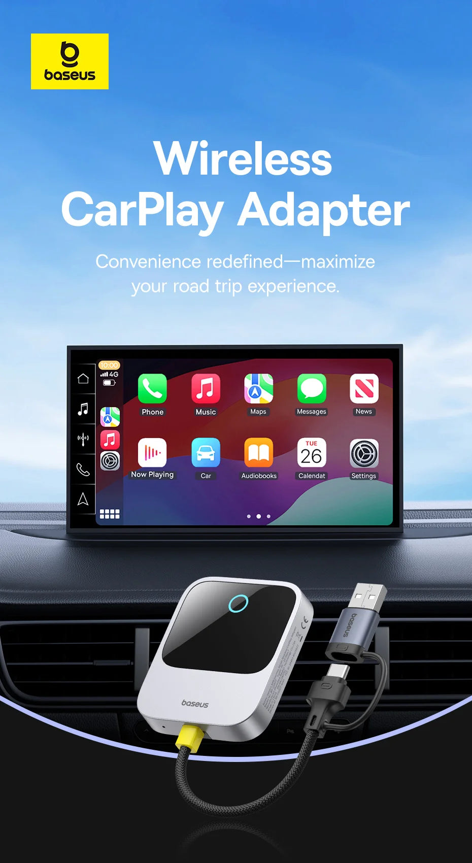 Baseus Wireless CarPlay Adapter - Wired to Wireless Auto Connect, Plug & Play Bluetooth Smart Car System