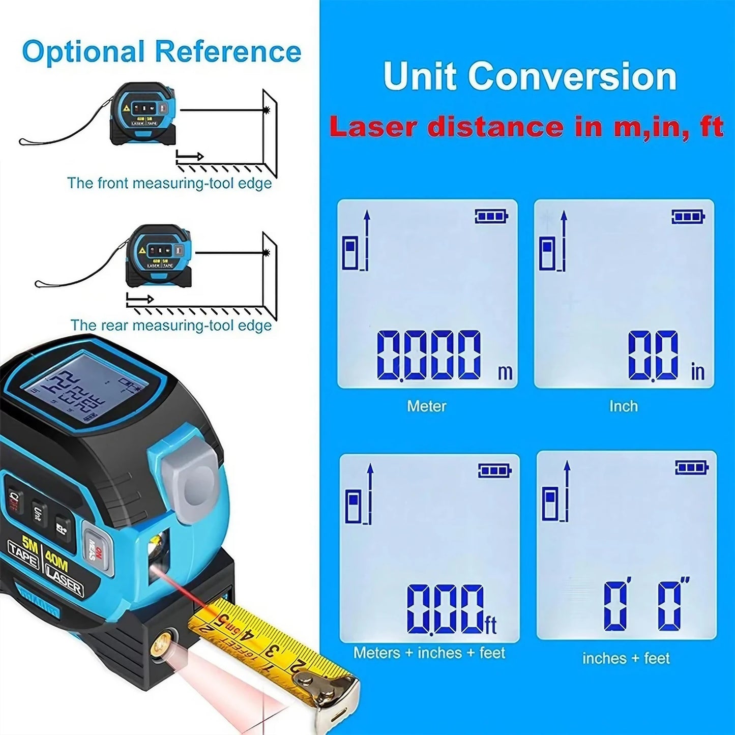 3-in-1 Laser Distance Measure 40/60M — Infrared Smart Ruler High-Precision Measuring Tool