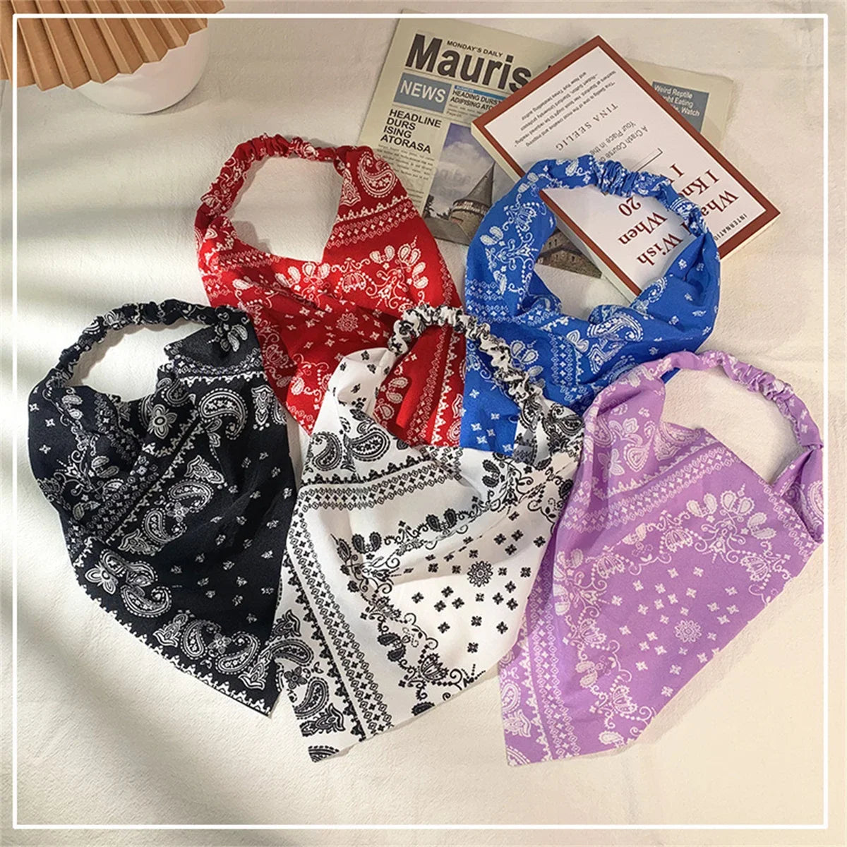 Retro Triangle Scarf Headband for Women - Breathable Elastic Fabric Hair Band