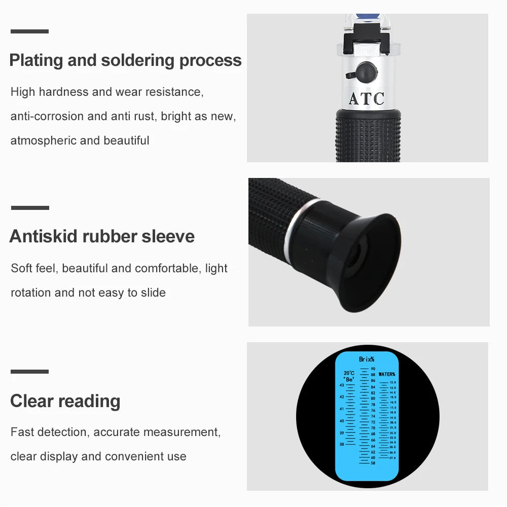 Optimize Honey Quality: 3 in 1 Handheld Honey Refractometer - Measures 58-90% Brix Sugar Concentration, 38-43% Baume Degrees, and 12-27% Water Content