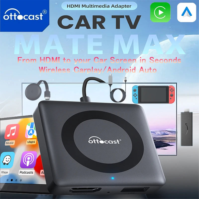 OTTOCAST Car TV Mate Adapter — Wired to Wireless CarPlay & Android Auto, HDMI Multimedia Video Converter for TV Sticks, Game Box, Phone