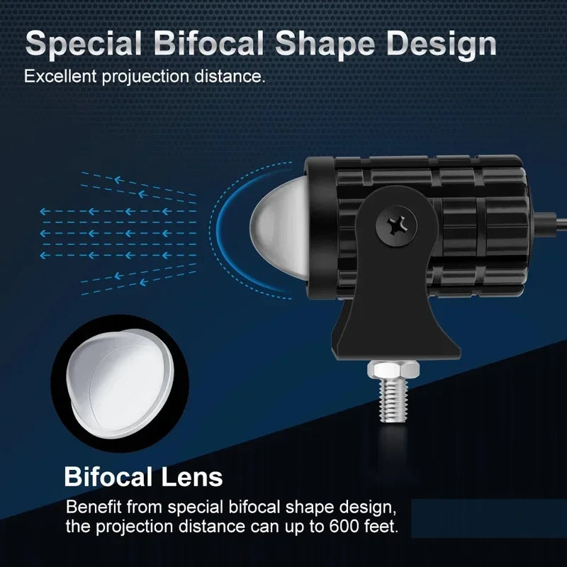 LED Motorcycle Spotlight With Switch - Super Bright Projector Headlight Fisheye Lens Moto Fog Lamp Driving Light