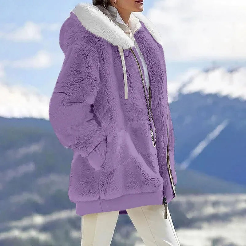 Autumn Winter Women's Hooded Coat – Casual Zipper Cashmere Fleece Jacket Solid Color Ladies Outerwear