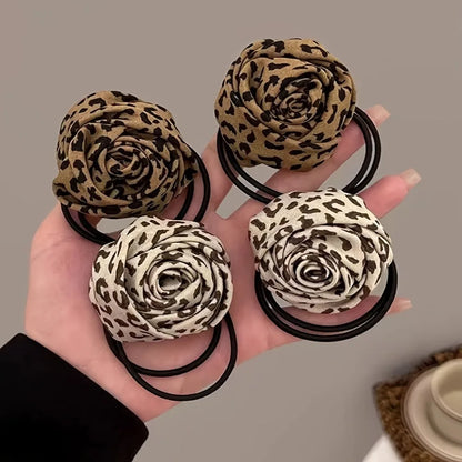 Leopard Rose Hair Ties - 1/2-Piece Elastic Floral Ponytail Accessories