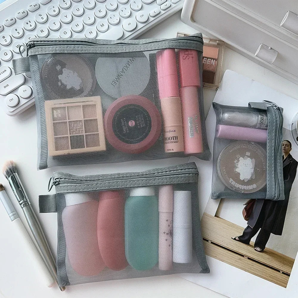 1/3PCS Black Mesh Clear Cosmetic Bag Set Portable Travel Makeup Toiletry Organizer Pouch Storage Case