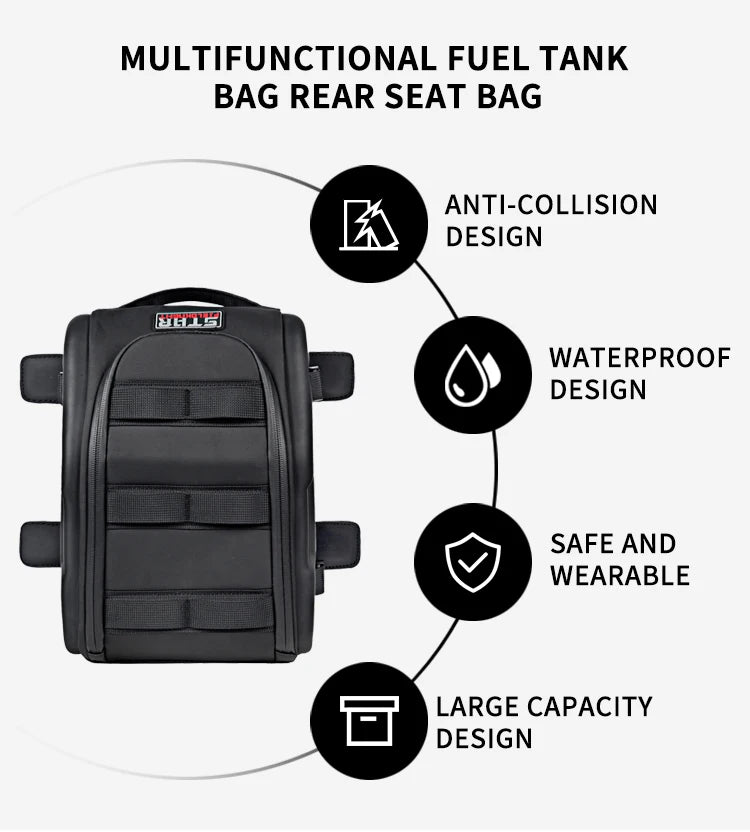 Waterproof Motorcycle Seat Back Bag – Large Capacity Hard Tail Box Luggage for Racing & Riding, Black Fuel Tank Motorbike Storage