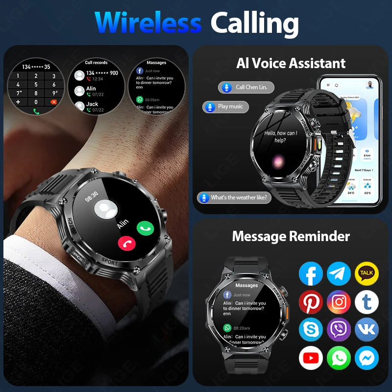 LIGE 2025 Smartwatch for Men — 800mAh Ultra Long Battery, Waterproof Outdoor Sport Watch with Bluetooth Call & Military Design