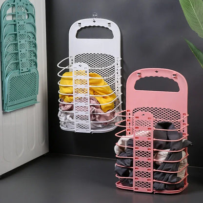 Foldable Plastic Laundry Basket – Wall-Mounted Non-Perforated Clothes Storage for Bathroom