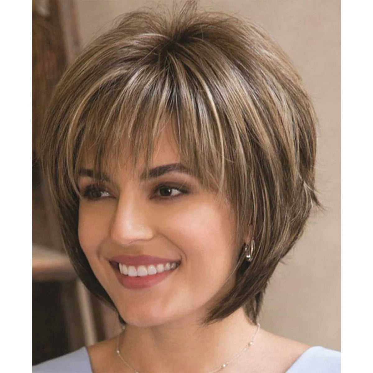 Brown Short Layered Pixie Cut with Blonde Highlights – Natural-Looking Synthetic Wig for White Women