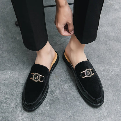 Men’s Suede Half Slippers - Patchwork Casual Metal Buckle Breathable Mules Driving Moccasin Shoes