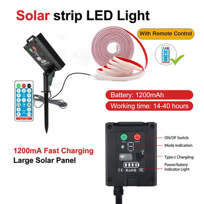 12V/24V Solar COB LED Strip Light IP68 Waterproof Flexible Tape Lamp 320 LEDs Warm & Natural White for Garden Decoration – 0.5M/1M/2M/5M