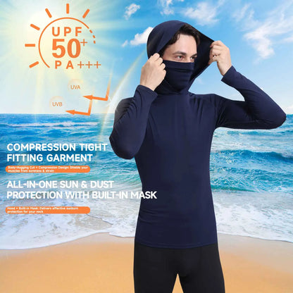 Men’s UPF50+ Athletic Hoodie Long Sleeve – UV Sun Protection Fishing Shirt with Built-In Face Mask & Stretch Fit