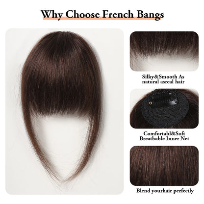 100% Human Hair Clip-In Bangs - Natural Brown Wispy Fringe with Temples, 4.5in Air Bang Hairpiece for Women