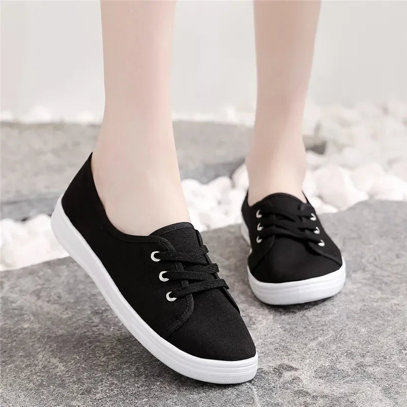Lady Classic Round Toe White Canvas Shoes | Comfortable Lace-Up Street Sneakers for Students