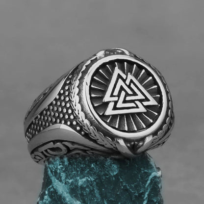 Nordic Viking Stainless Steel Ring - Compass Tree of Life Rune Wolf Amulet Jewelry for Men & Women