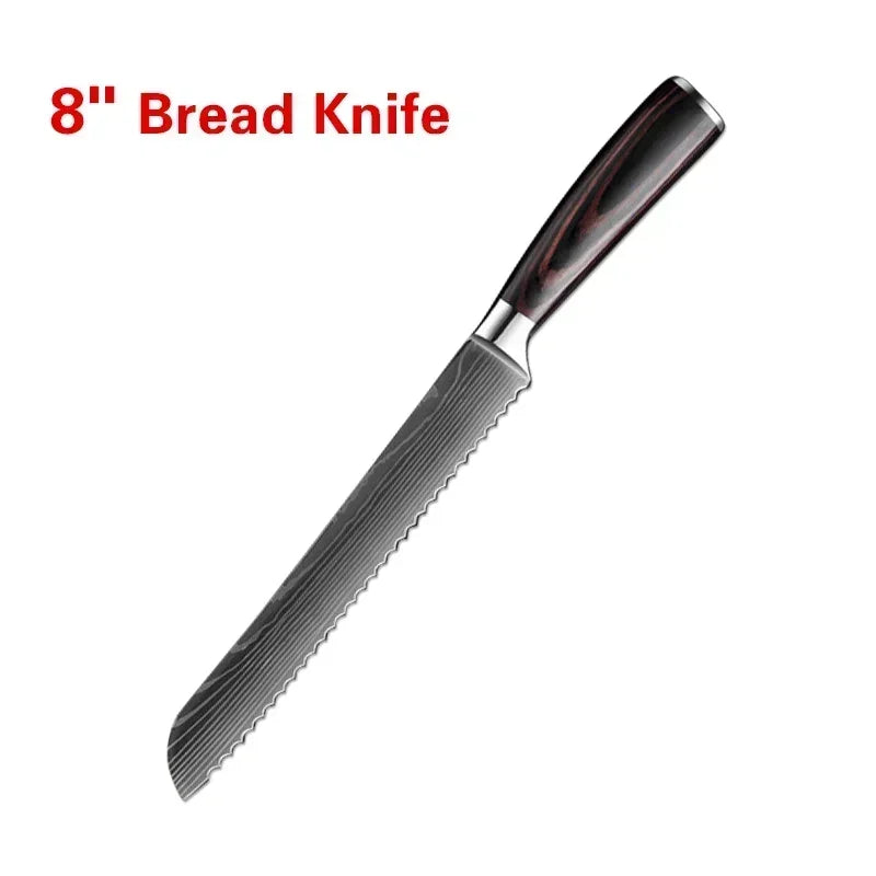 Laser Damascus Kitchen Knife Set – Cleaver, Meat, Fruit, Bread, Boning Knife and Chicken Scissors for Barbecue and Home Cooking