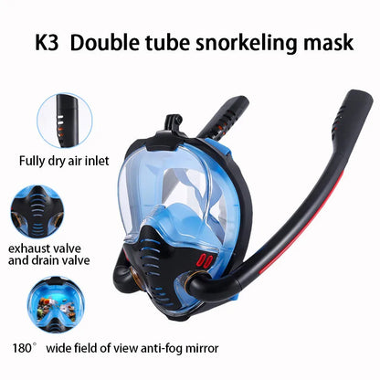 Double Tube Silicone Snorkeling Mask – Full Dry Diving Mask for Adults, Self-Contained Underwater Breathing Goggles