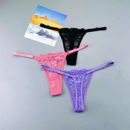 Women's Transparent Lace Thong Set - 3PCS Adjustable Low Waist Sexy T-Back Underwear