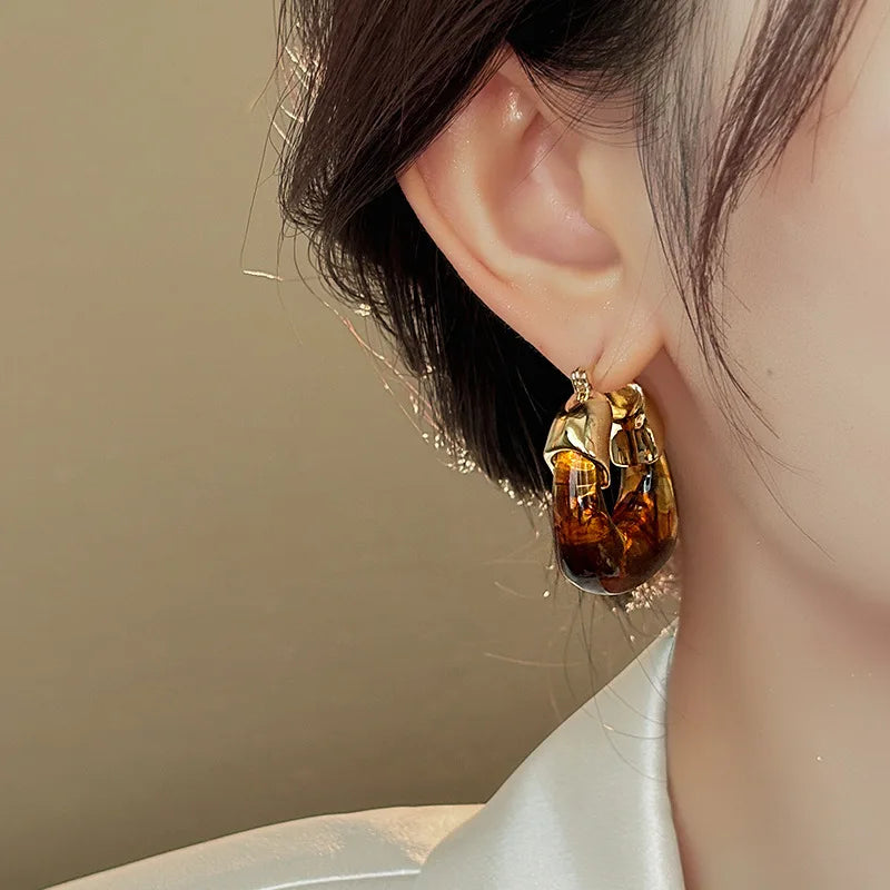 Retro Brown Resin U-Shaped Hoop Earrings — European & American Geometric Earrings for Women, Simple Fashion Jewelry Gift