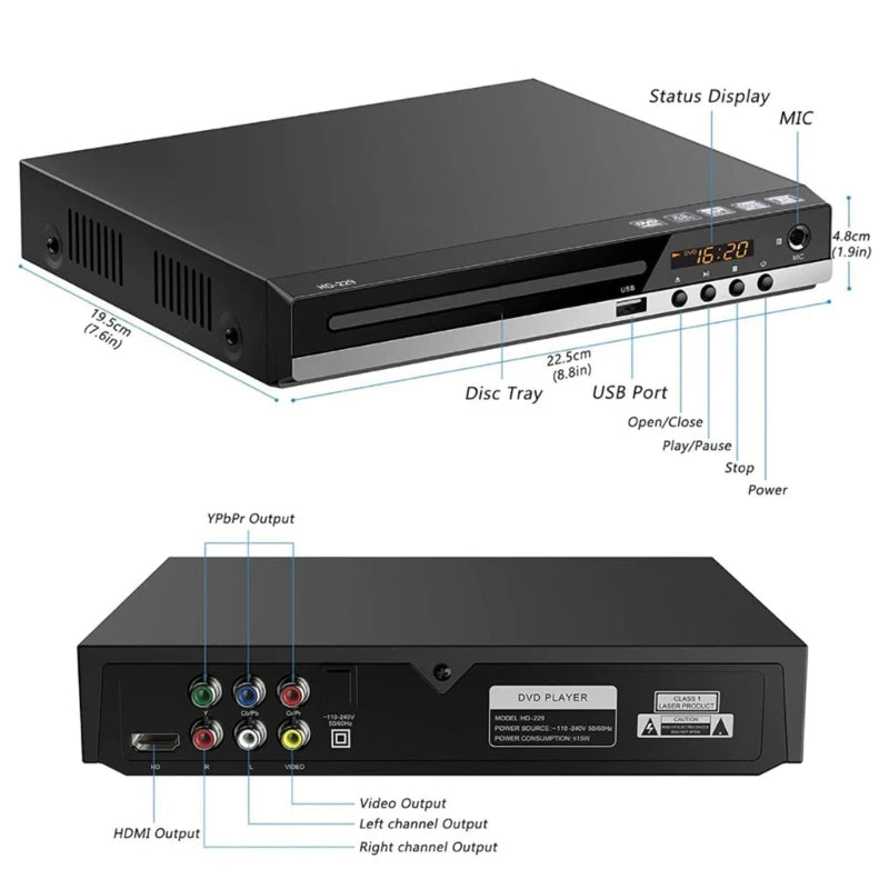 DVD Player VCD CD Multimedia Machine – HDMI-Compatible with AV Output, Remote Control & AV Cable