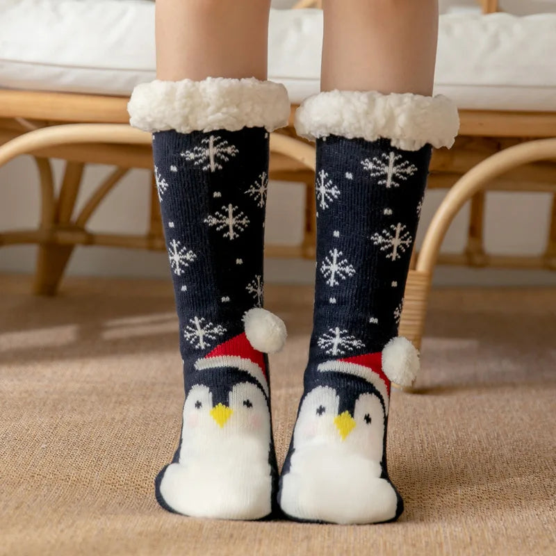 Women’s Winter Plush Socks – Soft Fuzzy Non-Slip Floor Slippers with Penguin, Deer, Elk & Bear, Cozy Christmas Gift