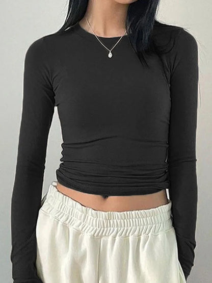 Women's Casual Slim Fit Long Sleeve T-Shirt – O-Neck Solid Color Thumb Hole Streetwear Top for Spring & Fall