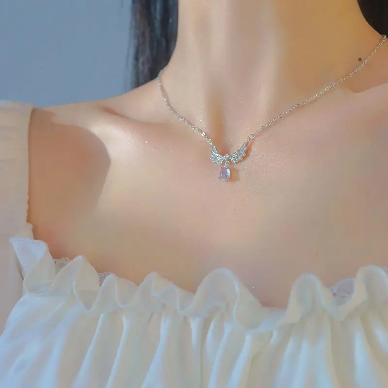 Light Luxury Angel Wings Necklace – Moonstone Pendant Collarbone Jewelry for Women