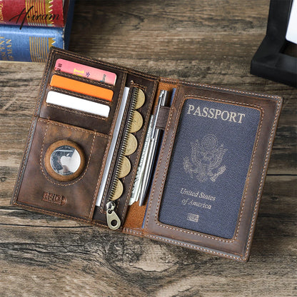 Genuine Cow Leather Passport Holder with AirTag Case – RFID Blocking Travel Wallet with Pen, Card Holder & Anti-Lost Pocket