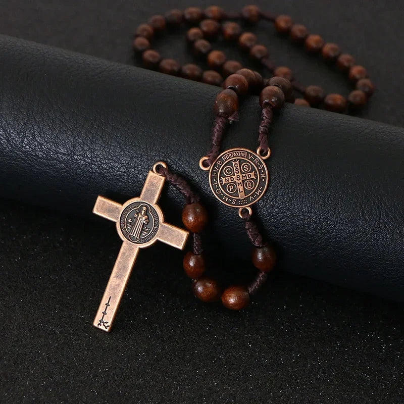 8mm Wooden Beads Rosary Necklace – Jesus Christ Cross Pendant, Woven Rope Chain Religious Prayer Jewelry for Men & Women