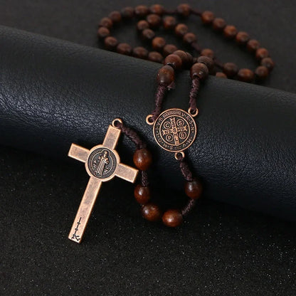 8mm Wooden Beads Rosary Necklace – Jesus Christ Cross Pendant, Woven Rope Chain Religious Prayer Jewelry for Men & Women