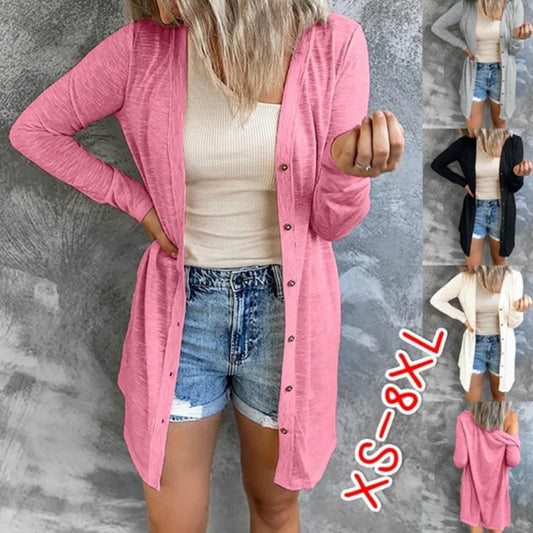 Summer Women’s XS-8XL Cardigan – Sunscreen Long Sleeve Coat, Casual Solid Top, Versatile Plus Size for Spring & Autumn