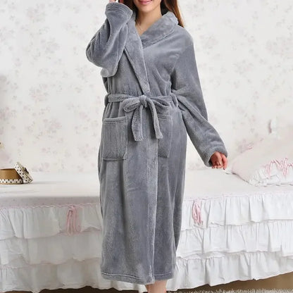 Coral Fleece Long Robe Kimono – Warm Flannel Winter Bathrobe, Casual Sleepwear & Homewear