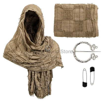 Medieval Renaissance Hooded Cloak – Halloween Costume Cape Wrap with Brooch, Cowl Scarf for Rogue Cosplay