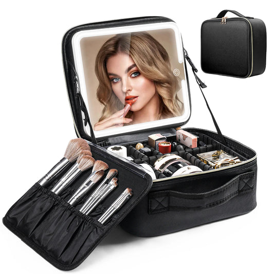 Travel Makeup Bag with LED Mirror — Makeup Train Case with Adjustable Dividers for Home, Gift & Vacation