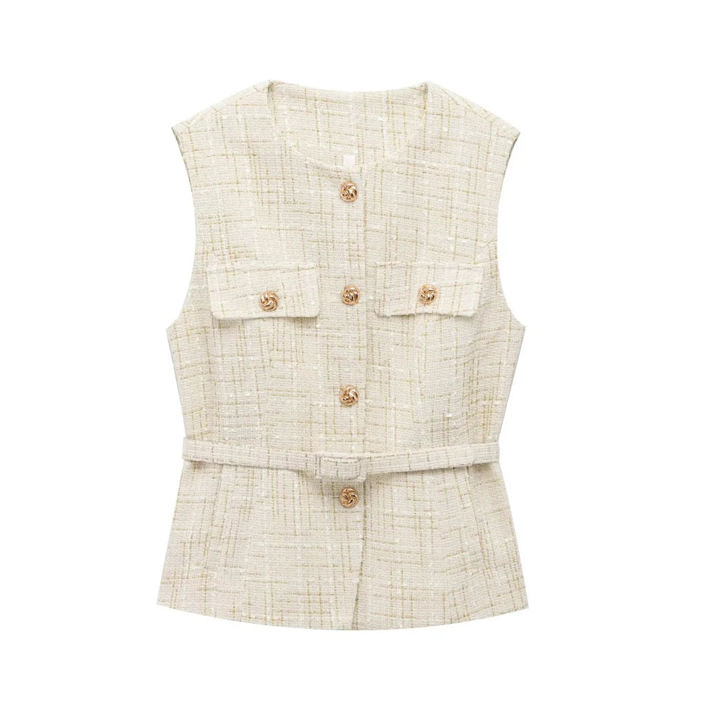 TRZA Women’s Tweed Waistcoat — Sleeveless O-Neck Top with Belt & Front Buttons, Chic Fashion Outerwear